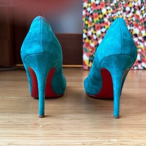 EUC Teal Suede Christian Louboutin Pumps + Dust Bag & Bottoms Refinished